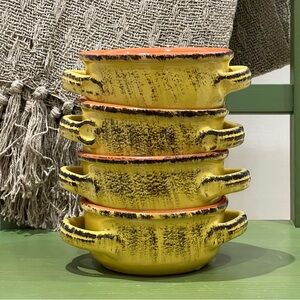 Set Of 4 Vintage Terracotta Yellow Glazed bowls with Handles